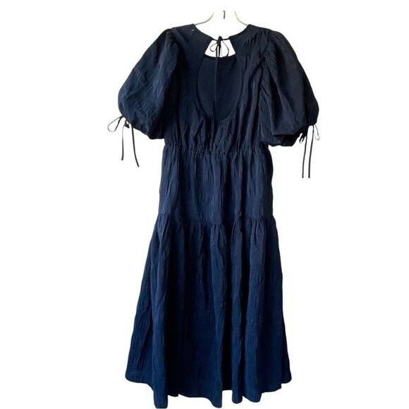 MOON RIVER Navy Blue Tiered Puff Sleeve Midi Dress - Size M - Picture 3 of 10